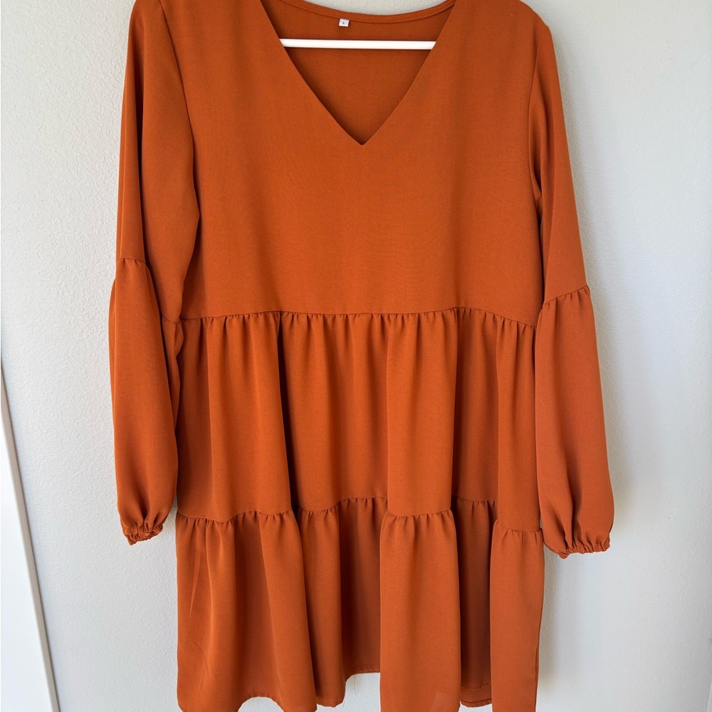 Casual Orange Long Sleeve Tiered Dress with V-Neck